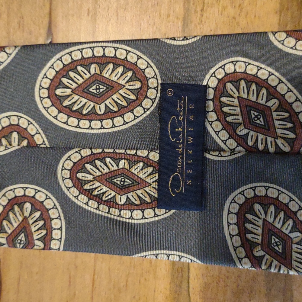 Oscar de la Renta Mens Geometric Patterned Tie in‎ Gray and Brown - Picture 2 of 3